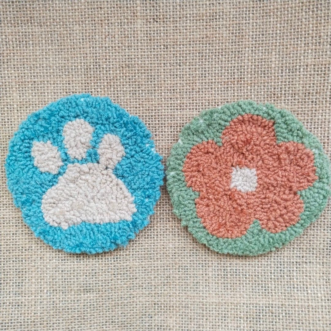 Punch Needle Mug Rug/Coasters (Category: Handmade Craft) located in Naga. Submitted by daisydazed.ph (Listing ID 1284461828, Image 2). Description: A. Cherry B. Cookie C. Paw Print - SOLD D. Flower - SOLD ALL HANDMADE BY ME ☺️.