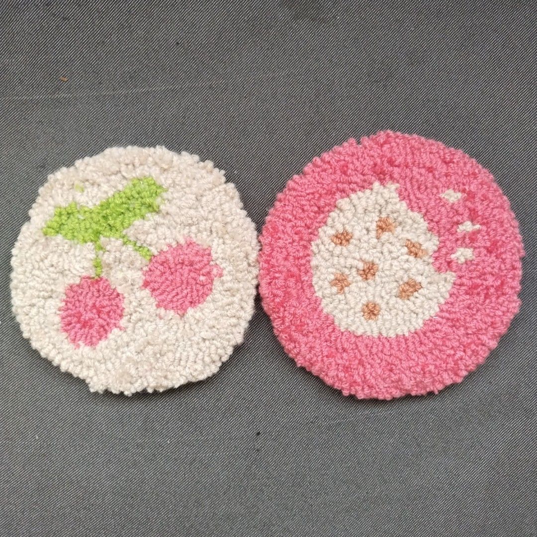 Punch Needle Mug Rug/Coasters (Category: Handmade Craft) located in Naga. Submitted by daisydazed.ph (Listing ID 1284461828, Image 1). Description: A. Cherry B. Cookie C. Paw Print - SOLD D. Flower - SOLD ALL HANDMADE BY ME ☺️.