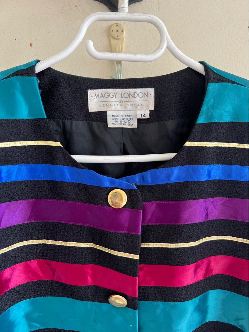 Ribbon Stripes blazer (Category: Coats, Jackets and Outerwear) located in Davao. Submitted by thedeclutterMD (Listing ID 1284376031, Image 3). Description: Vintage Maggy London Ribbon colorful blazer XL rare piece! Too big for me kase. Must have for the vintage lovers RFS: too big for me. Ayaw ko rin kase ipaalter.