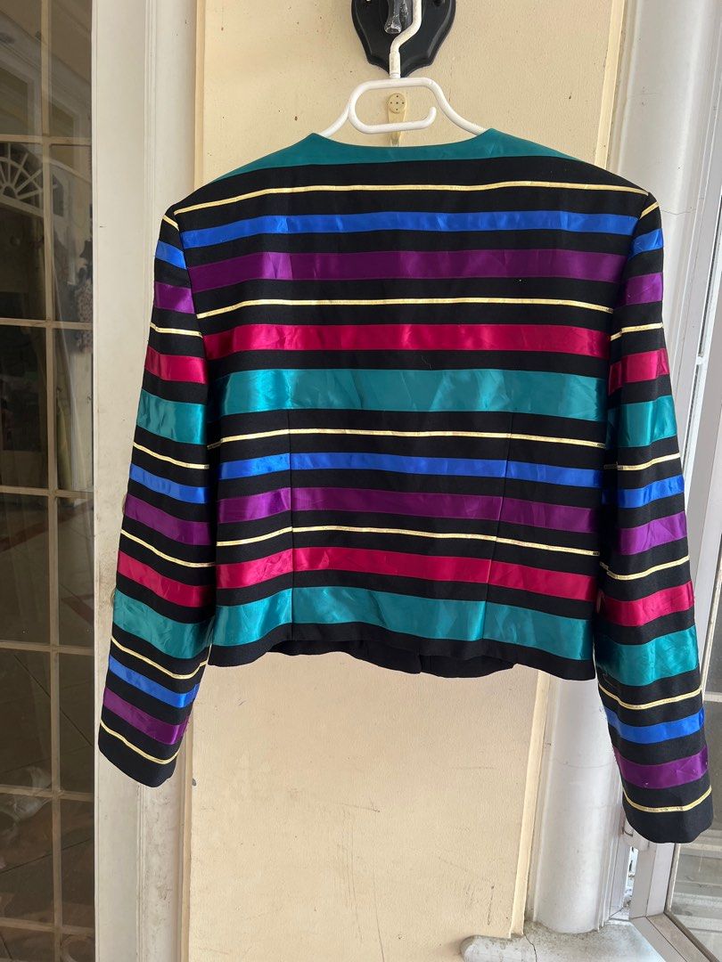 Ribbon Stripes blazer (Category: Coats, Jackets and Outerwear) located in Davao. Submitted by thedeclutterMD (Listing ID 1284376031, Image 2). Description: Vintage Maggy London Ribbon colorful blazer XL rare piece! Too big for me kase. Must have for the vintage lovers RFS: too big for me. Ayaw ko rin kase ipaalter.