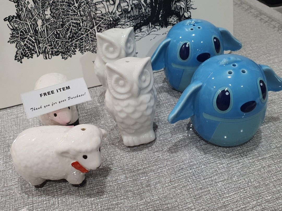 SALT AND PEPPER SHAKER 4pcs + 2 FREE (Category: Other Kitchenware & Tableware) located in Rizal. Submitted by missytin (Listing ID 1284346617, Image 1). Description: 2 stitch 2 owls free 2x sheep (with flaws) take all please manage your expectations as these items are either lightly used or old stocks and might have minor scratches/removable stains. UNLESS STATED AS BRAND NEW LAST PRICE POSTED. Gcash payment No reservation, payment first basis. P