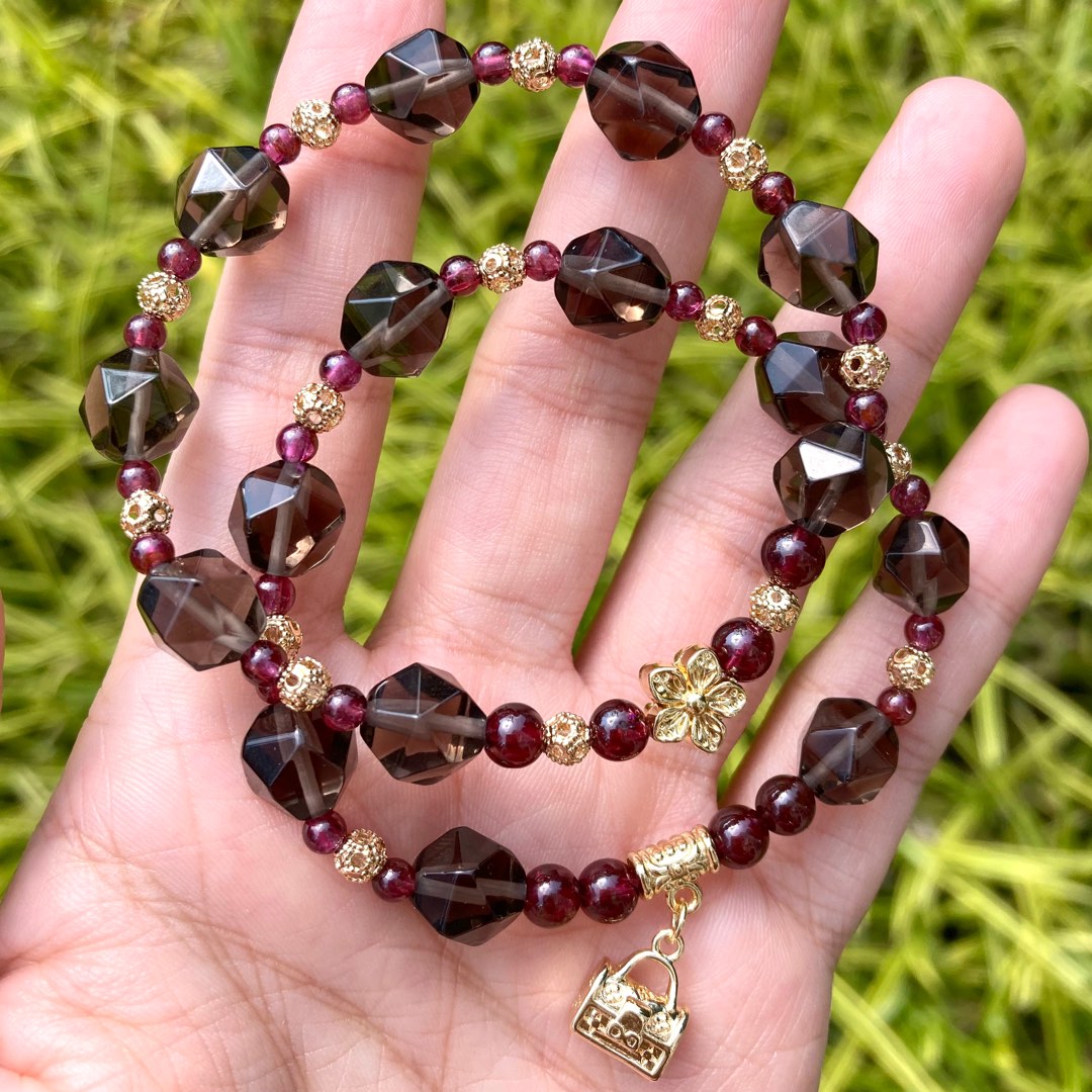SG CRYSTAL Smokey Quartz and Garnet Bracelet with 14k bag charm