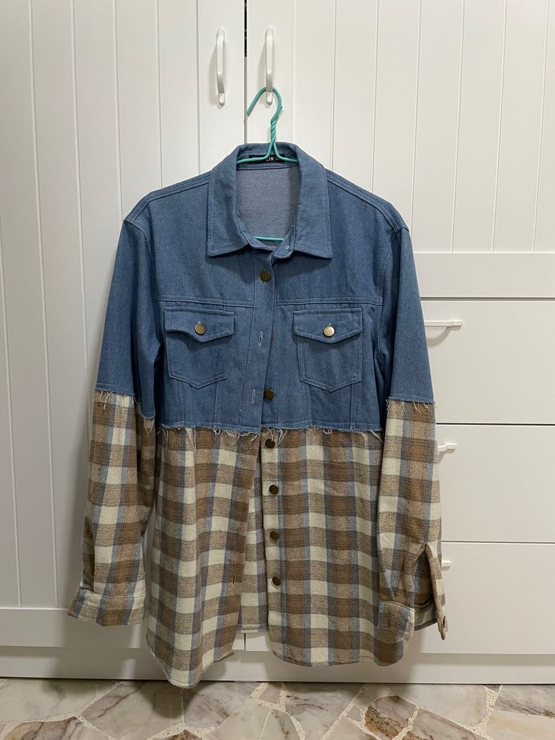 SHEIN Oversized Plaid Denim Jacket