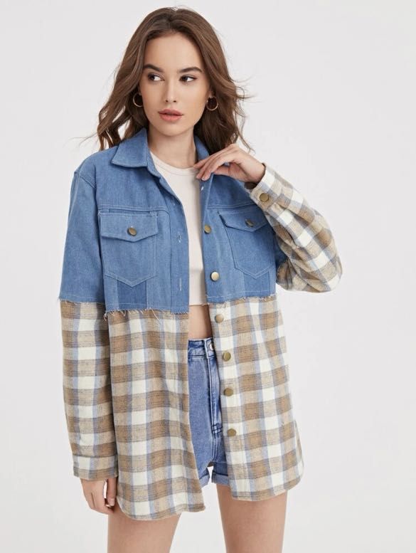 SHEIN Oversized Plaid Denim Jacket, Women's Fashion, Tops