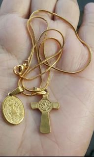 St. Benedict pendant & medallion Gold sStainless Steel necklace