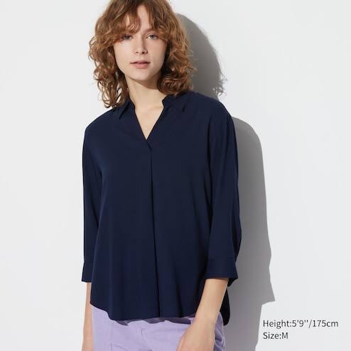 Uniqlo Blouse Rayon V Neck Kerah Skipper In Navy L