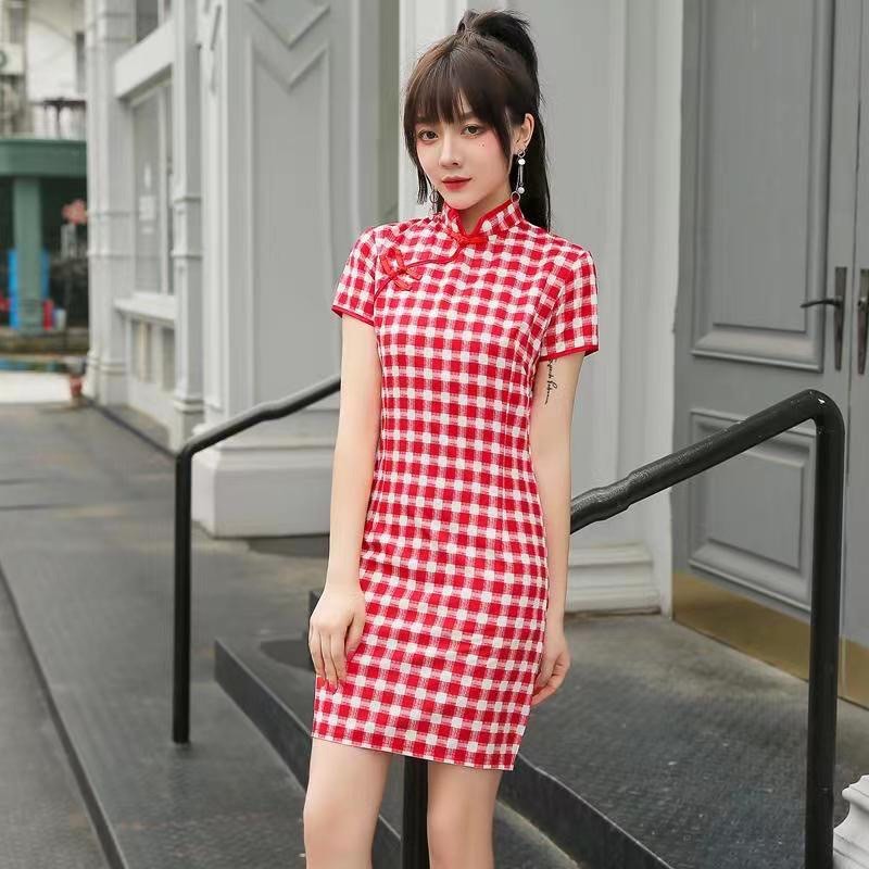 Solid Slim Cheongsam Dress, Elegant Short Sleeve Stand Collar Split Qipao  Dress, Women's Clothing