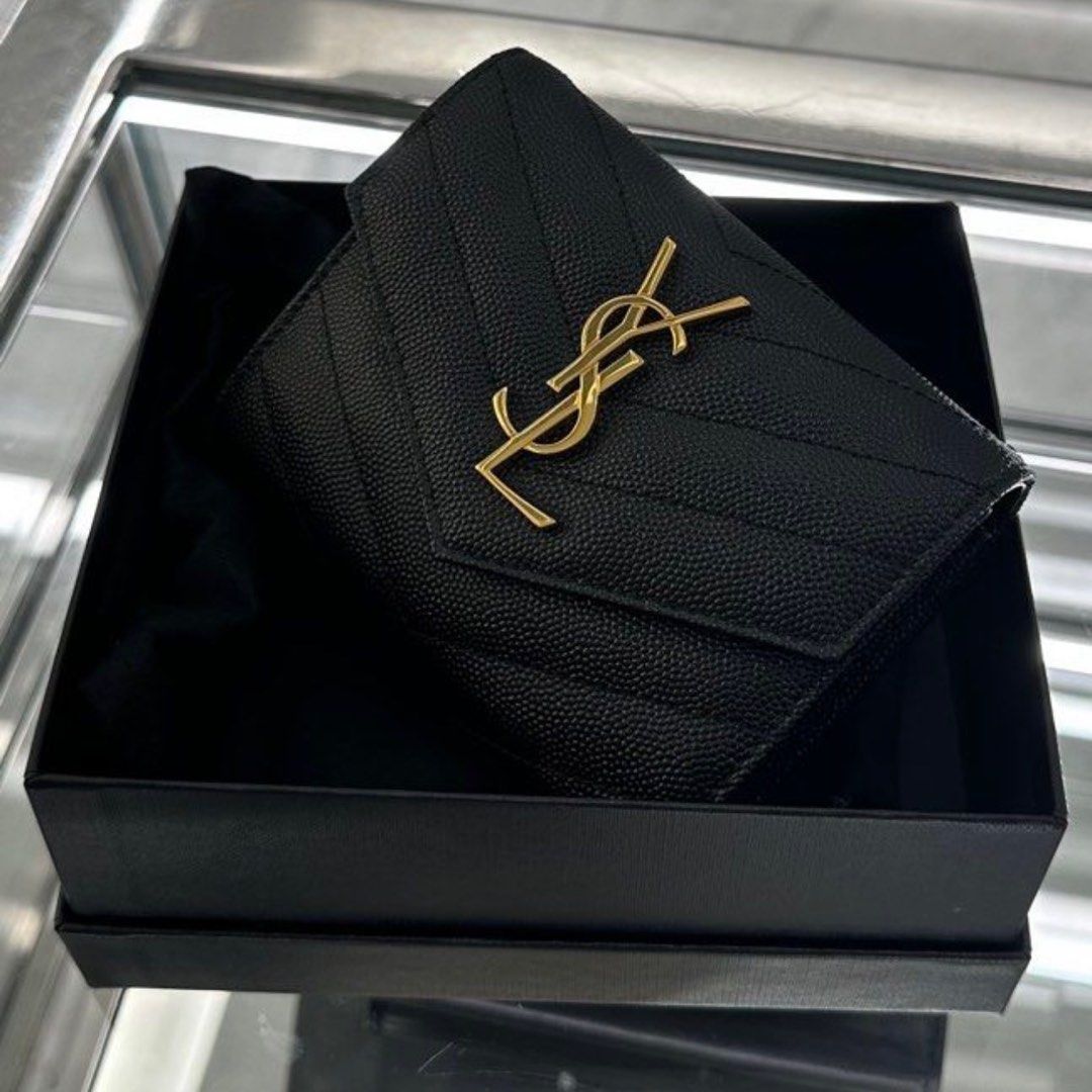 YSL CASSANDRE MATELASSE COMPACT TRI FOLD WALLET IN GRAIN DE POUDRE EMBOSSED LEATHER