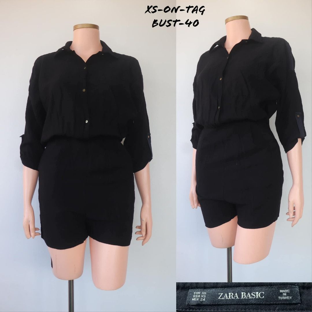 ZARA BLACK BLENDED LINEN BUTTON DOWN UTILITY ROMPER ROLL UP SLEEVES XS ...