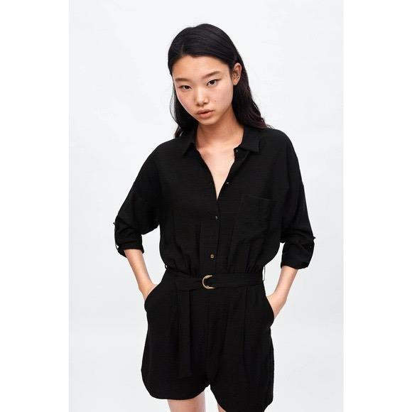 ZARA BLACK BLENDED LINEN BUTTON DOWN UTILITY ROMPER ROLL UP SLEEVES XS ...