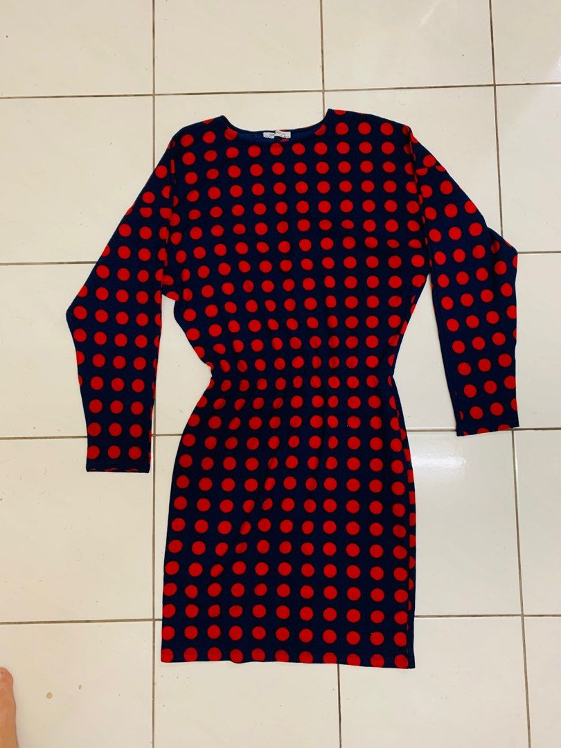 Zara blue red polka dot long sleeves dress / tops, Women's Fashion, Tops,  Longsleeves on Carousell