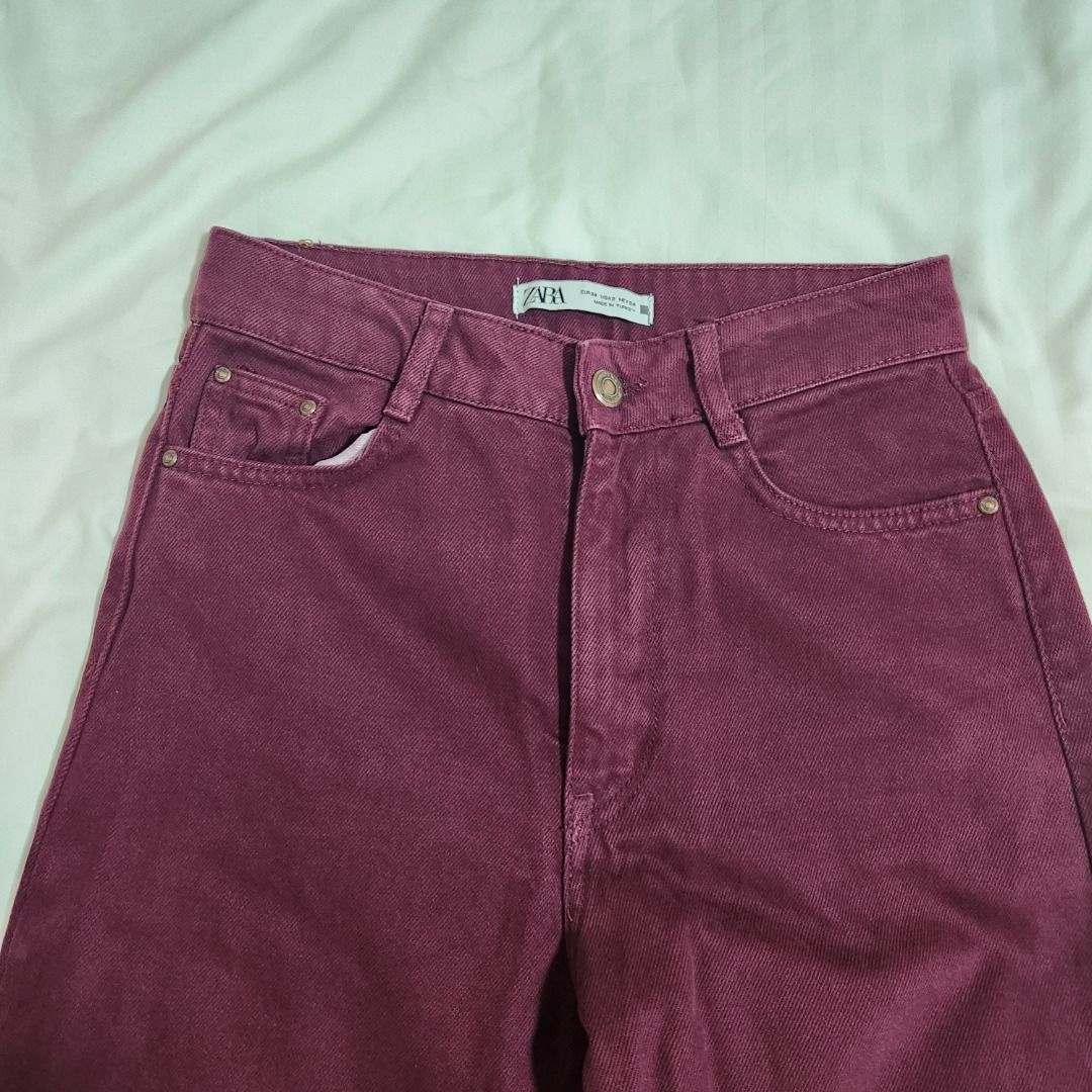 Zara High Rise Straight Leg Burgundy Wine Jeans W24 L32, Women's