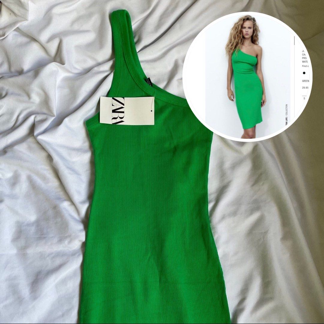 ZARA one shoulder bodycon dress maxi dress forest green long dress midi  dress, Women's Fashion, Dresses & Sets, Dresses on Carousell