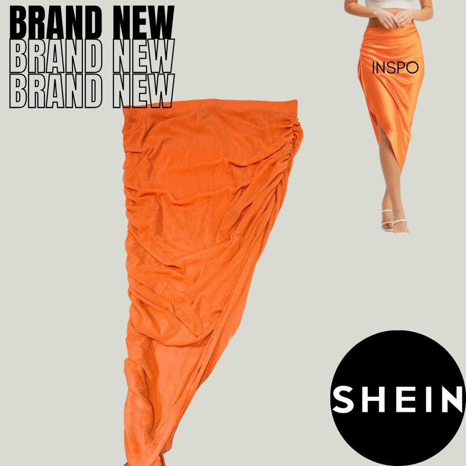 4XL Brand New SHEIN Shiny High Slit Ruched Orange Midi Skirt No Strings Brand New Plus Size