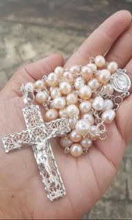 Antique freshwater pearl rosary with Sterling Silver tambourine crusifix rosary