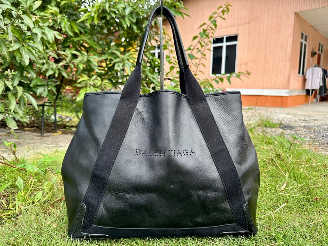 Authentic Balenciaga Navy Cabas Medium Leather Tote Bag