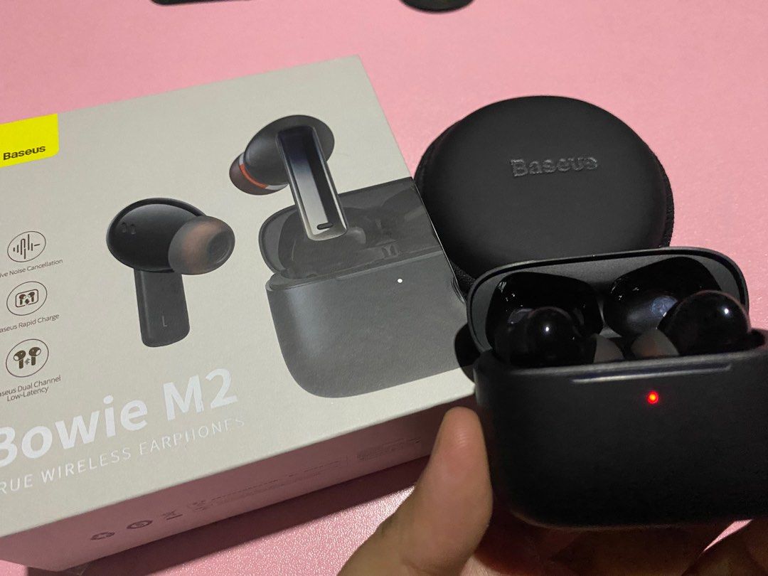 Baseus Bowie M2 True Wireless Earphones (Category: Earphones) located in Valenzuela. Submitted by emg.everythingmustgo (Listing ID 1284749888, Image 1). Description: Baseus Bowie M2 True Wireless Earphones Active Noise Cancellation Complete Package with storage bag RFS For back up only but very rarely used so I am selling it instead. Currently using Realme Buds Air 5.