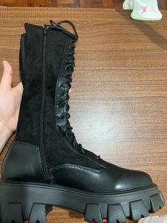 Black High Knee Leather Combat Boots