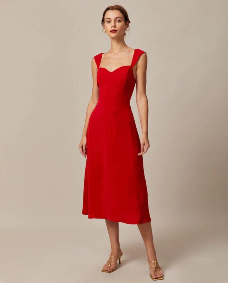 Red square sales neck midi dress
