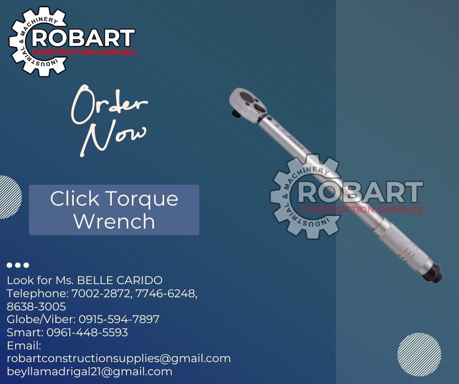 Click Torque Wrench (Category: Construction Tools & Equipment) located in Manila. Submitted by bellarobart (Listing ID 1284609743, Image 1). Description: CLICK TORQUE WRENCH Brand: HANS Model: 4170NF Size: 1/2" DRIVE X 30-150 FT. LBS. 18" Price: 4,860 Model: 4171NF Size: 1/2" DRIVE X 50-250 FT. LBS. 25" Price: 4,860 Model: 6170NF Size: 3/4" DRIVE X 50-300 FT. LBS. 33" Price: 8,575 𝑹𝑶𝑩𝑨𝑹𝑻 𝑪𝑶𝑵𝑺𝑻𝑹𝑼𝑪𝑻𝑰𝑶𝑵 𝑺𝑼𝑷𝑷𝑳𝑰𝑬𝑺 #RobartCons