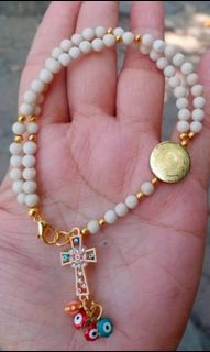 Ivory bone with St. Benedict & evil cross protection rosary bracelet
