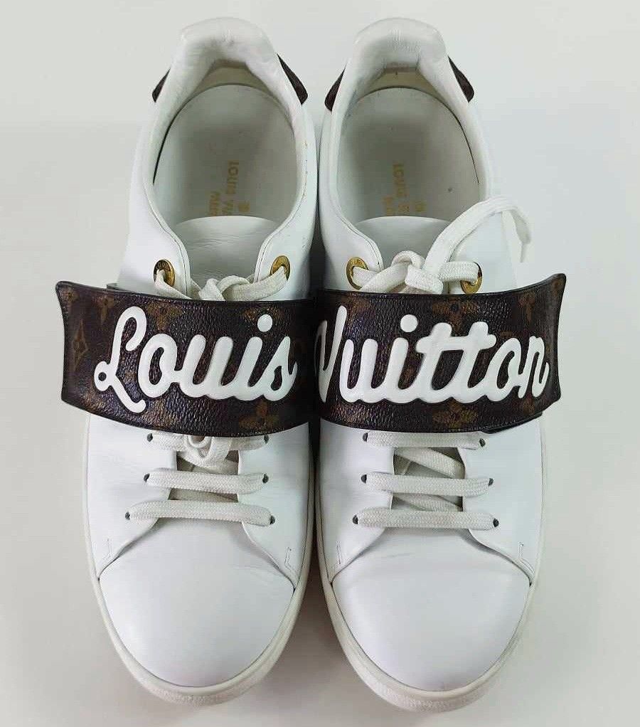 Louis Vuitton Frontrow Sneakers sz 39 (Category: Sneakers & Footwear) located in Iloilo. Submitted by primefinds (Listing ID 1284666610, Image 2). Description: Guaranteed Authentic LV Frontrow Leather White with Monogram velcro Size 39 Comes with original box and dustbag Very Good condition - 8/10 From 40,000 to 20,000 On clearance sale. Strictly no haggling..