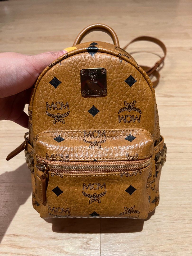 MCM Stark Side Studs Bebe Boo Backpack in Visetos Cognac