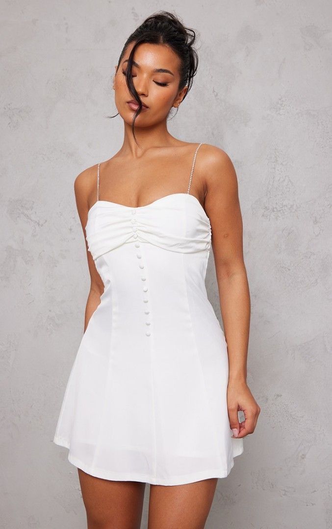Prettylittlething White Satin Diamante Strap Button Detail Bodycon