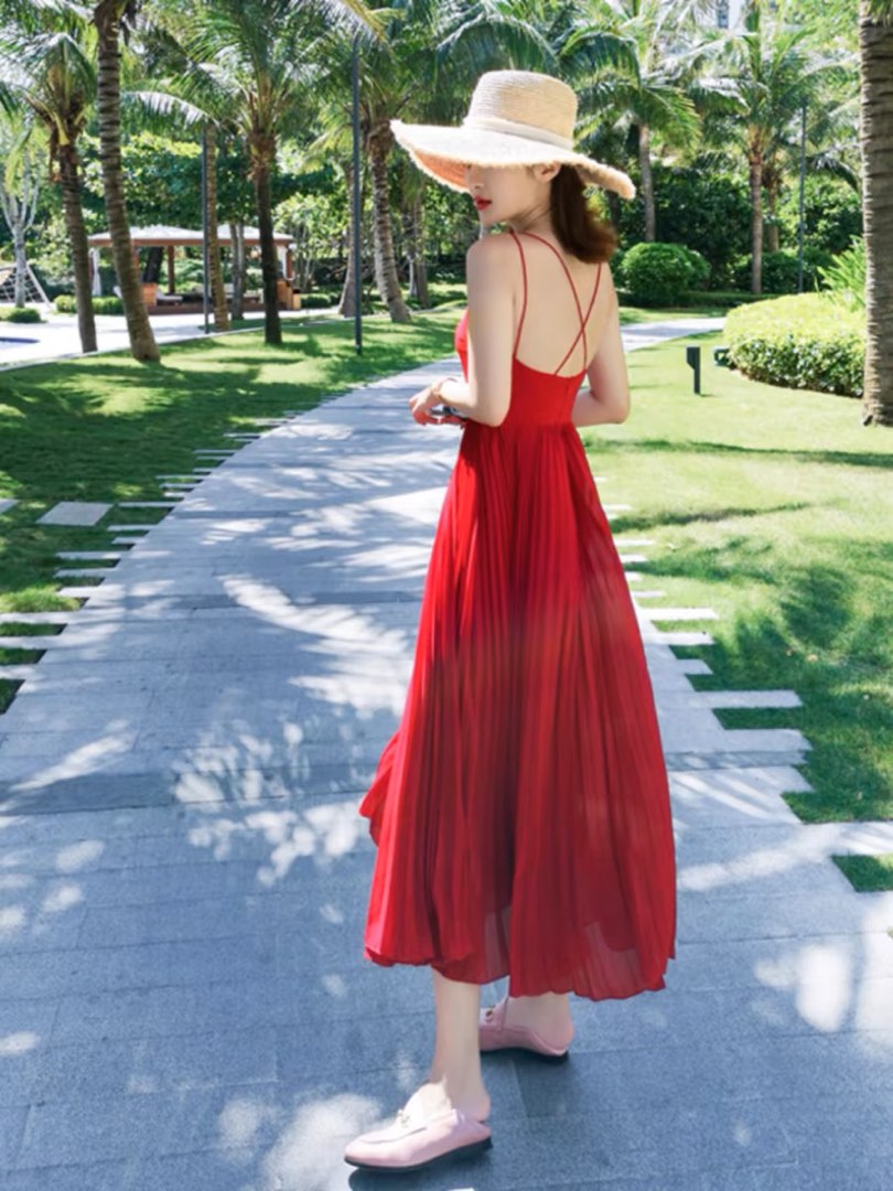 Red long dress on sale outfit