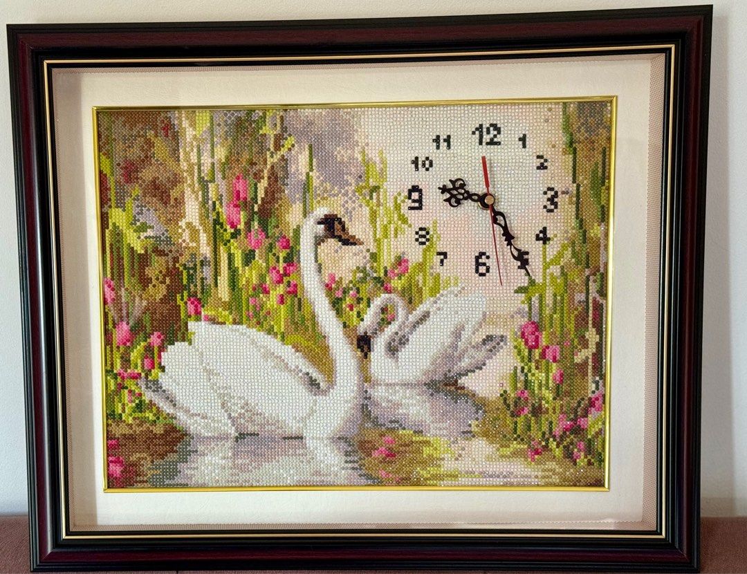 Swans in the Lake Wall Clock (Category: Wall Decor) located in Makati City. Submitted by ada_finds (Listing ID 1284657311, Image 1). Description: Full round diamond beads painting 40x30cm wall clock with dark brown frame .