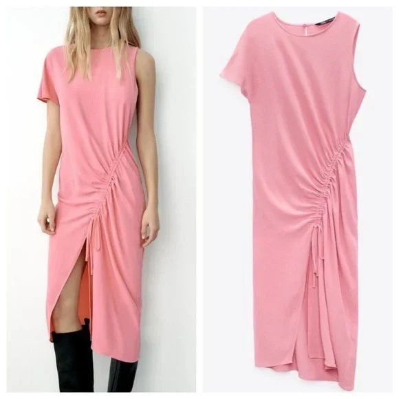 Zara Asymmetrical Pink Midi Dress, Women's Fashion, Dresses & Sets, Dresses  on Carousell