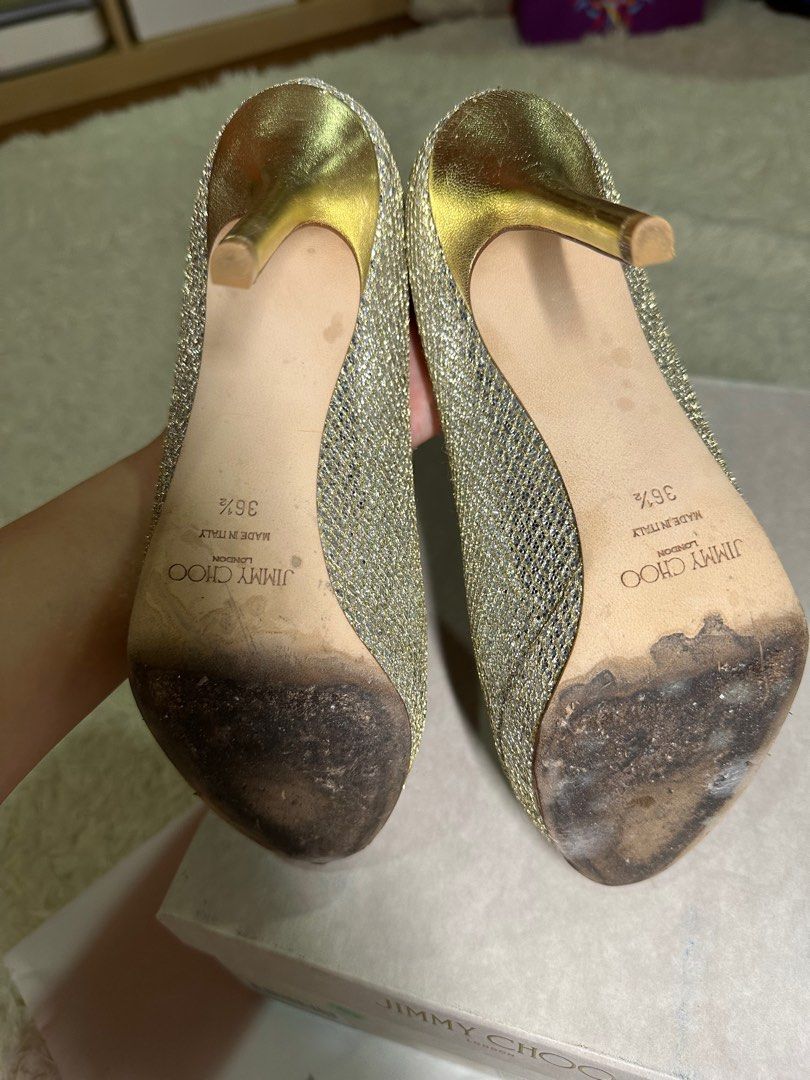 36.5 Jimmy Choo Luna Heels in Champagne Glitter Fabric