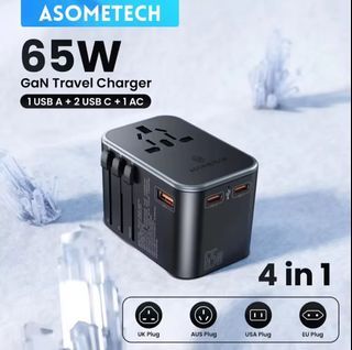 ASOMETECH 65W GaN Charger Travel Adapter PD PPS Type C Quick Charger EU AU US UK EU Multi Plug Travel Charger for Laptop iPhone