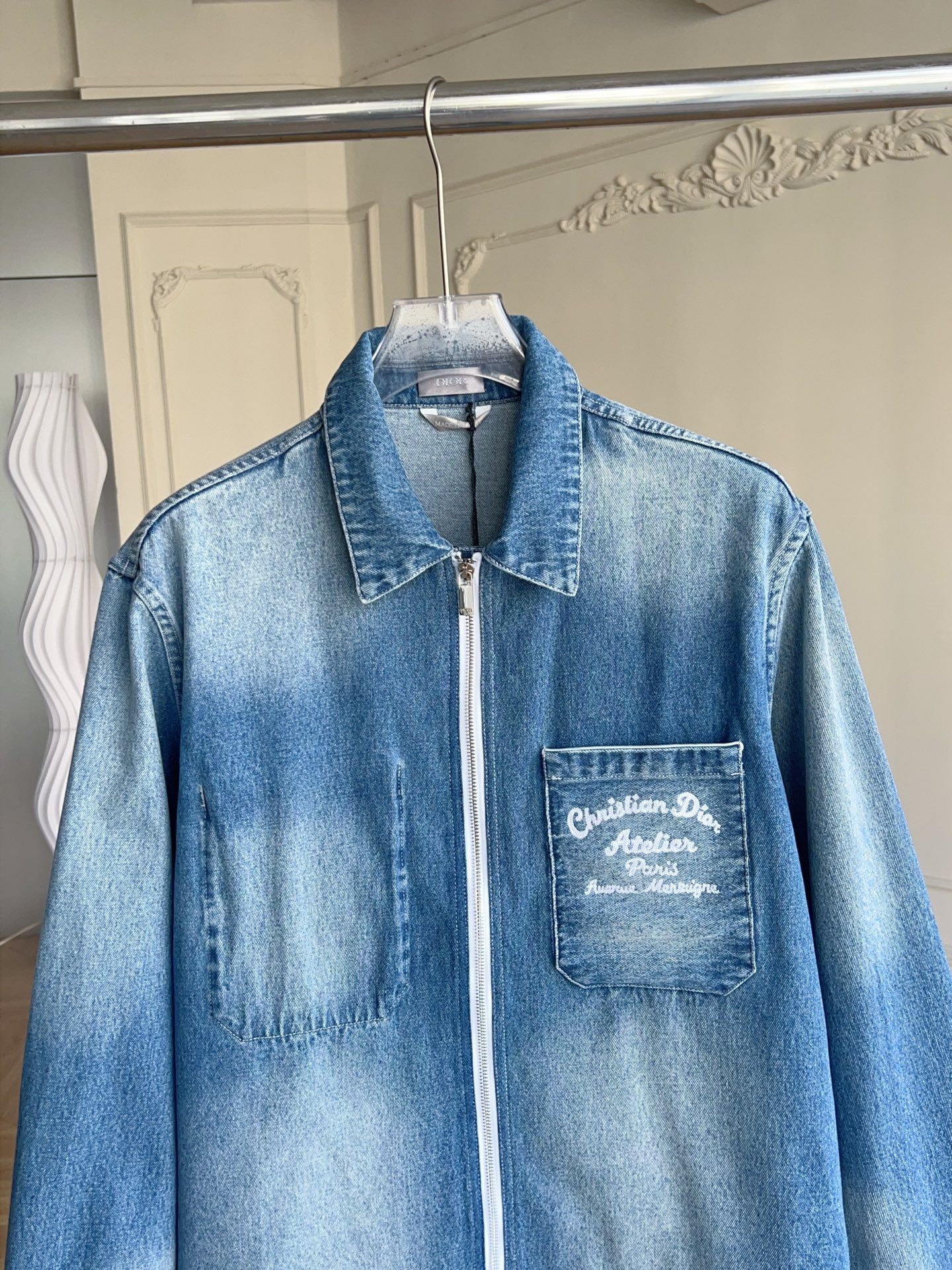 Authentic dior Heavy Embroidery Blue Logo Denim Jacket Shirt