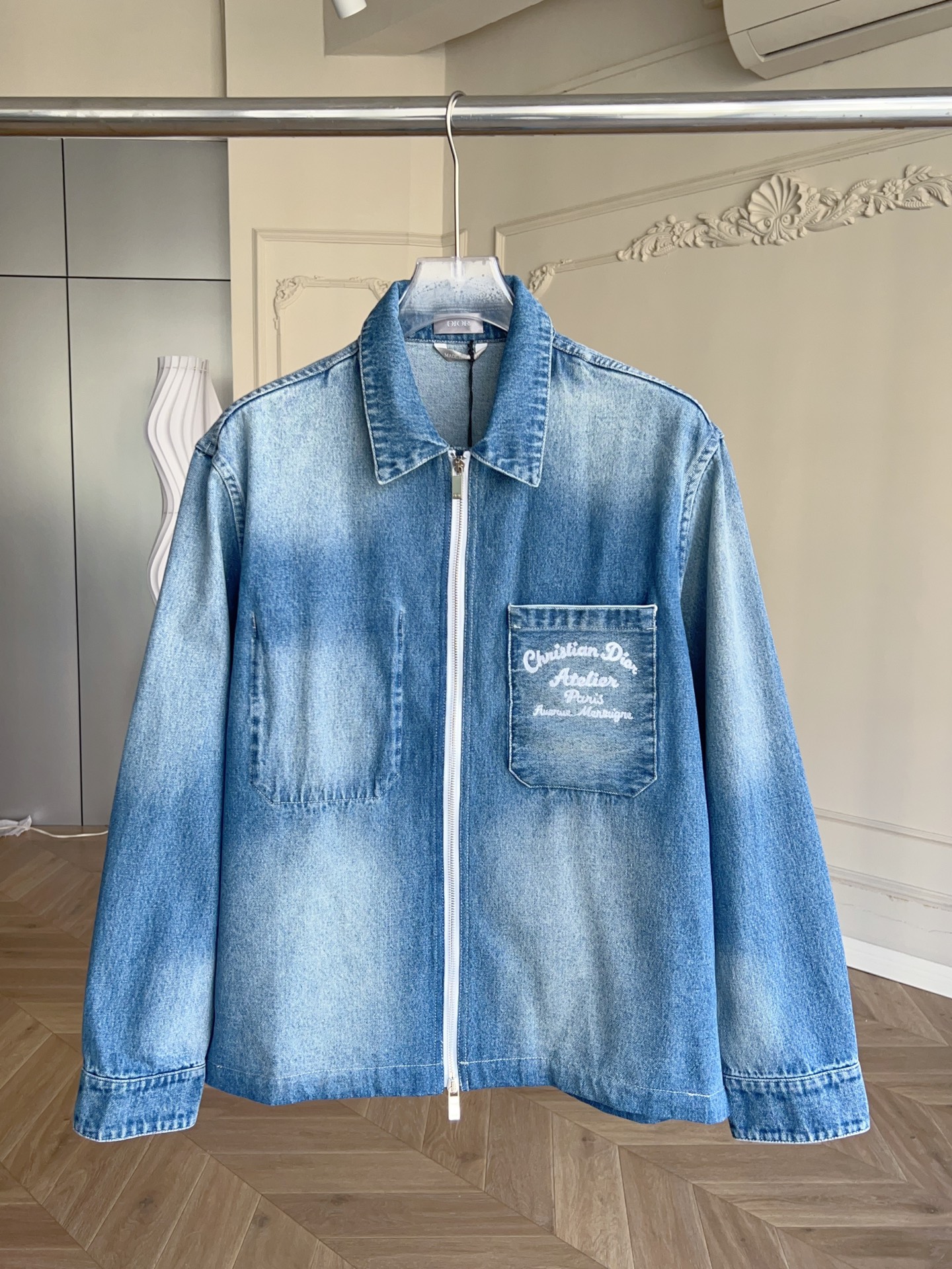 Authentic dior Heavy Embroidery Blue Logo Denim Jacket Shirt