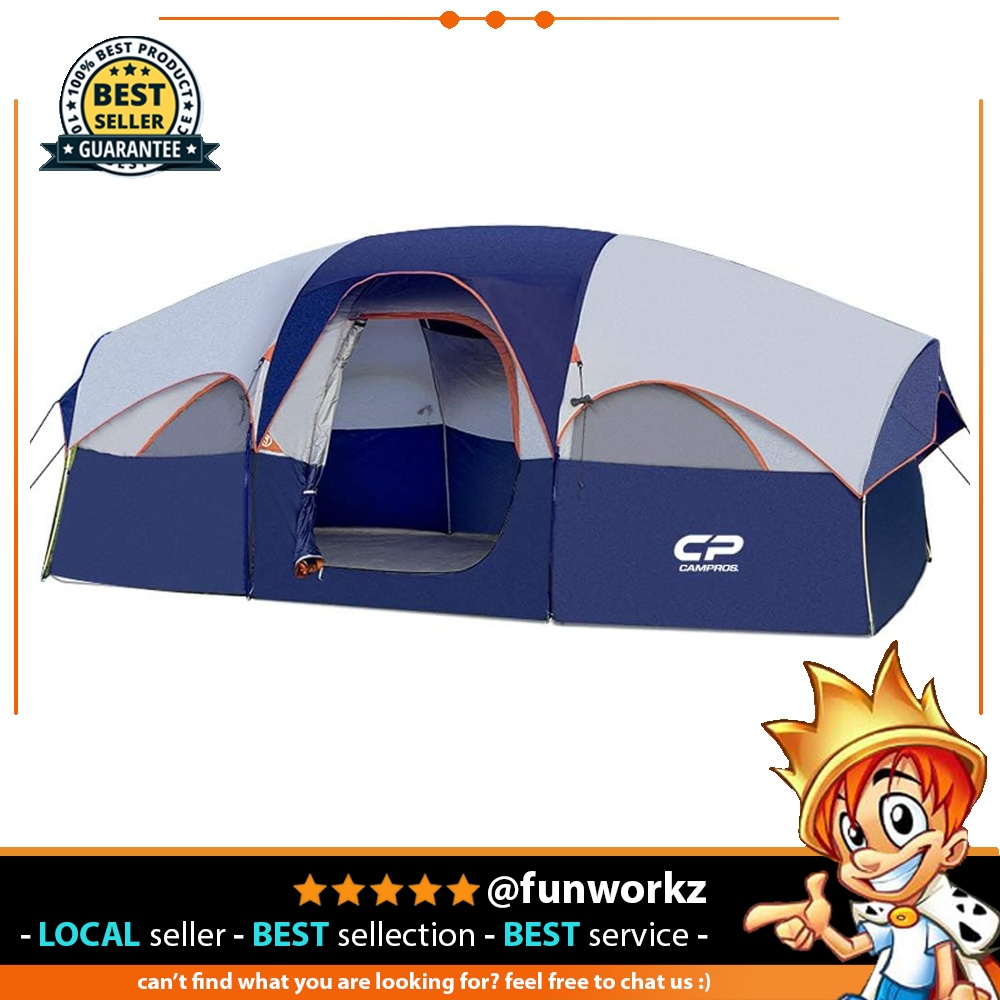 CAMPROS Tent-8-Person-Camping-Tents, Waterproof Windproof Family Tent, 5  Large Mesh Windows, Double Layer, Divided Curtain for Separated Room,  Portable with Carry Bag, for All Seasons - Updated (Blue), Sports  Equipment, Hiking & Camping