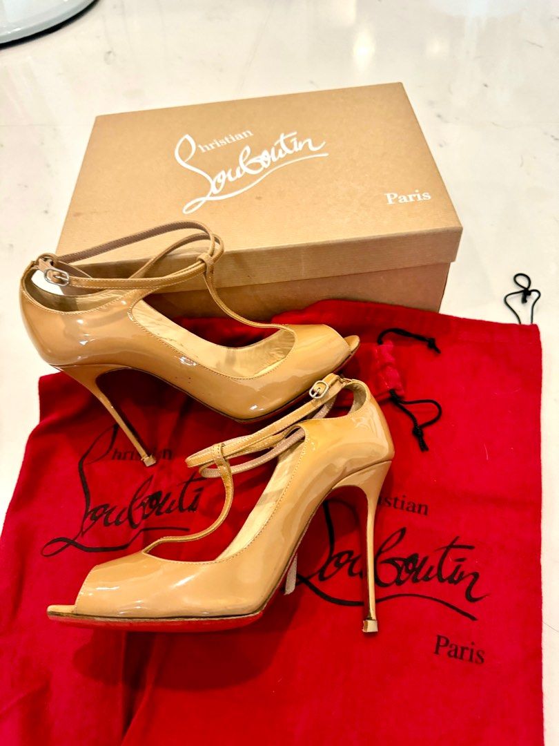 Christian Louboutin Patent Leather T strap Nude Sandals Heels Size