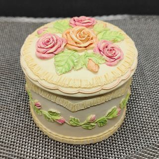 Handcast Round Ceramic 3" Diameter Embossed Rose Bouquet Trinket Box