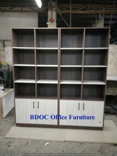 laminated wood shelves with cabinet at the bottom / office partition / office table / office furniture