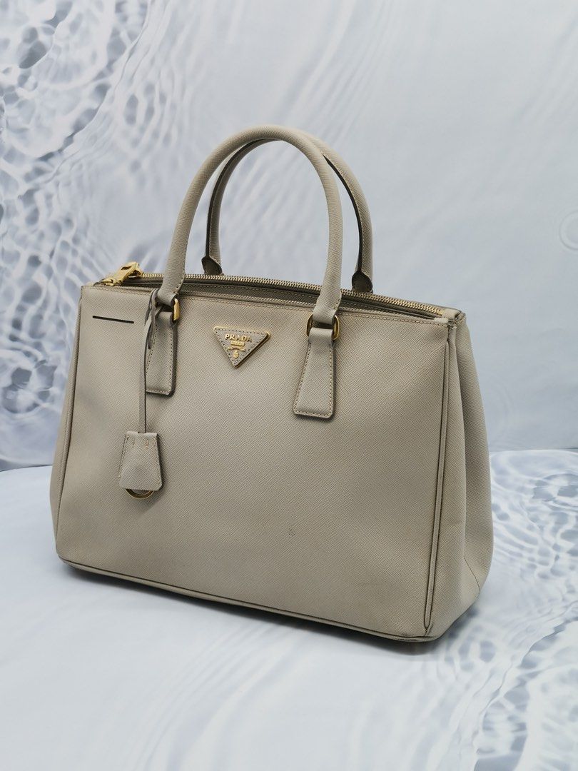 NEW YEAR SALE PRADA GALLERIA MEDIUM LIGHT GREY SAFFIANO LEATHER HANDLE BAG WITH LEATHER STRAP GOLD HARDWARE