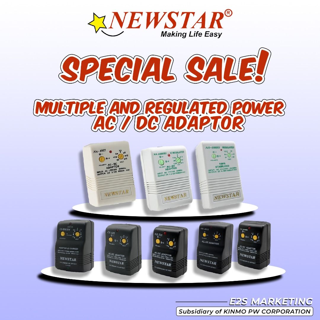 Newstar Multiple AC/DC Power Adaptor and Charger (Category: Cables & Adaptors) located in Manila. Submitted by e2s_marketing (Listing ID 1253191024, Image 1). Description: Newstar AC/DC Adaptor is designed to supply power where and when you need it. With selectable DC output and plugs to fit most small electronic devices. ◉ Polarity Switch ◉ LED Indicator ◉ Universal Power Adapter ◉ For Portable Speakers, Radios, Portable DVD Players, and more Po