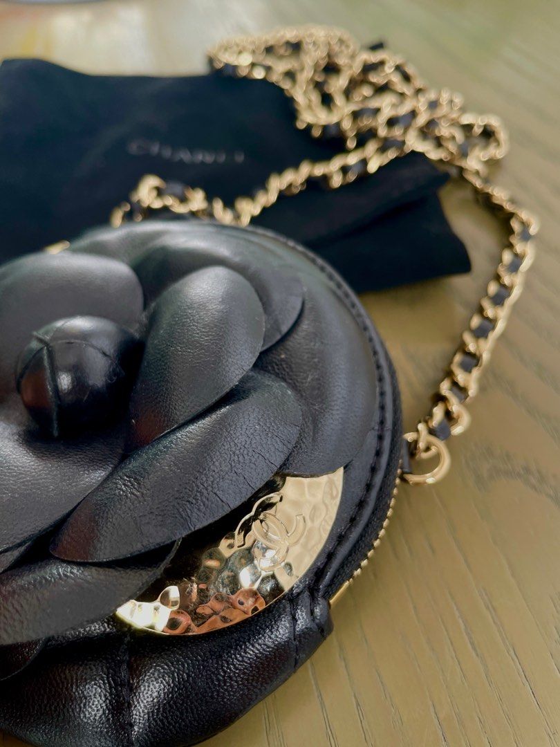 Rare Classic Chanel Camellia Round Clutch with Chain Lambskin