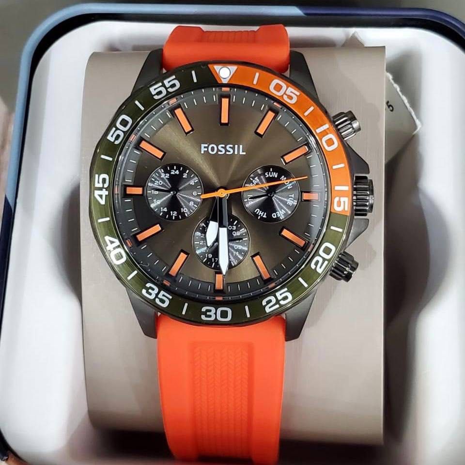 READY STOCK ORIGINAL FOSSIL DARK GREEN DIAL ORANGE SILICONE