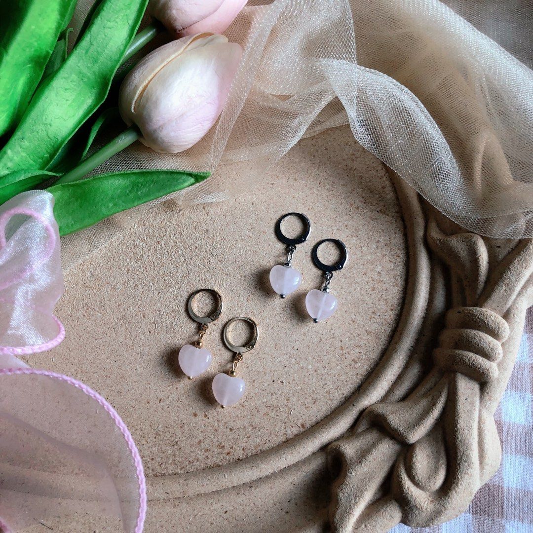 Genuine Rose Quartz Crystal Heart Huggies Earrings Valentine s Day