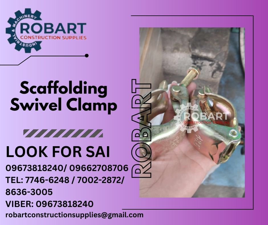Scaffolding Swivel Clamp (Category: Construction Tools & Equipment) located in Manila. Submitted by sairobart375609 (Listing ID 1284828438, Image 1). Description: Scaffolding Swivel Clamp 1-1/2" ROBART CONSTRUCTION SUPPLIES For inquiries: For FAST TRANSACTION: Sai Robart - 09673818240 / 09662708706 Vbr: Robart Sai - 09673818240 sairobart3@gmail. com Office Address: 1405 Yuseco St. Sta. Cruz Manila 7746-6248 , 7216-7605 ,7002-2872, 8-6363005 09351