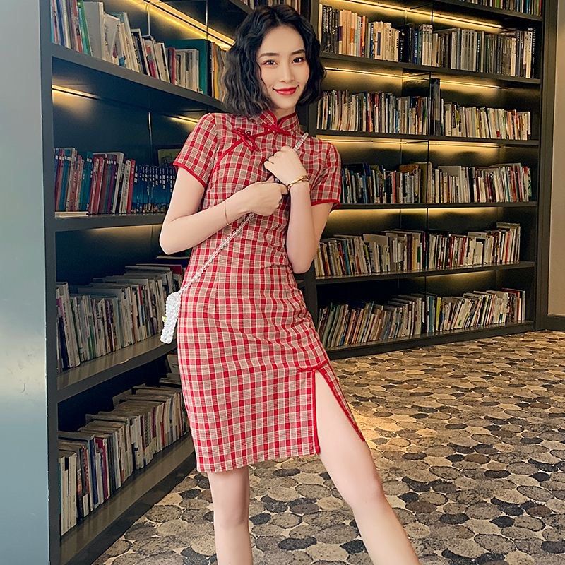 SG STOCKS CNY Red Checkered Dress modern cheongsam cny dress qipao chinese dress Improved new cheongsam suitable for young girls and