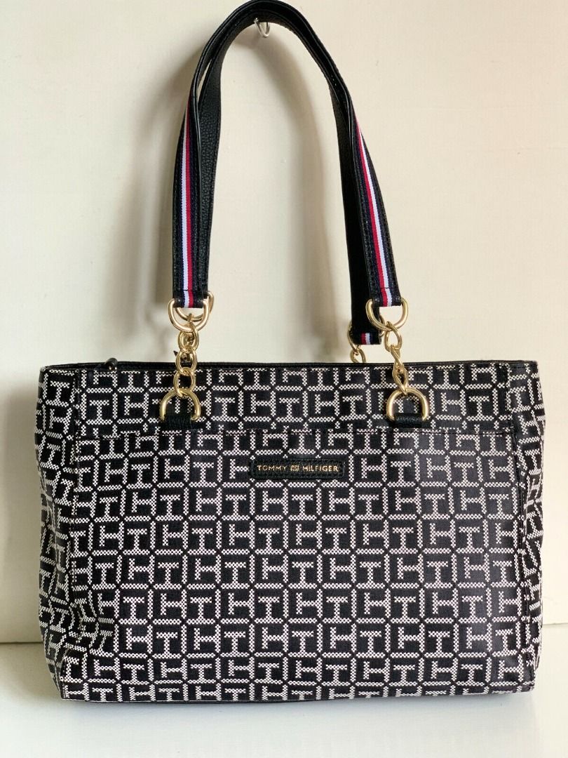 TOMMY HILFIGER BLACK NATURAL SHOPPER SATCHEL TOTE BAG PURSE 98