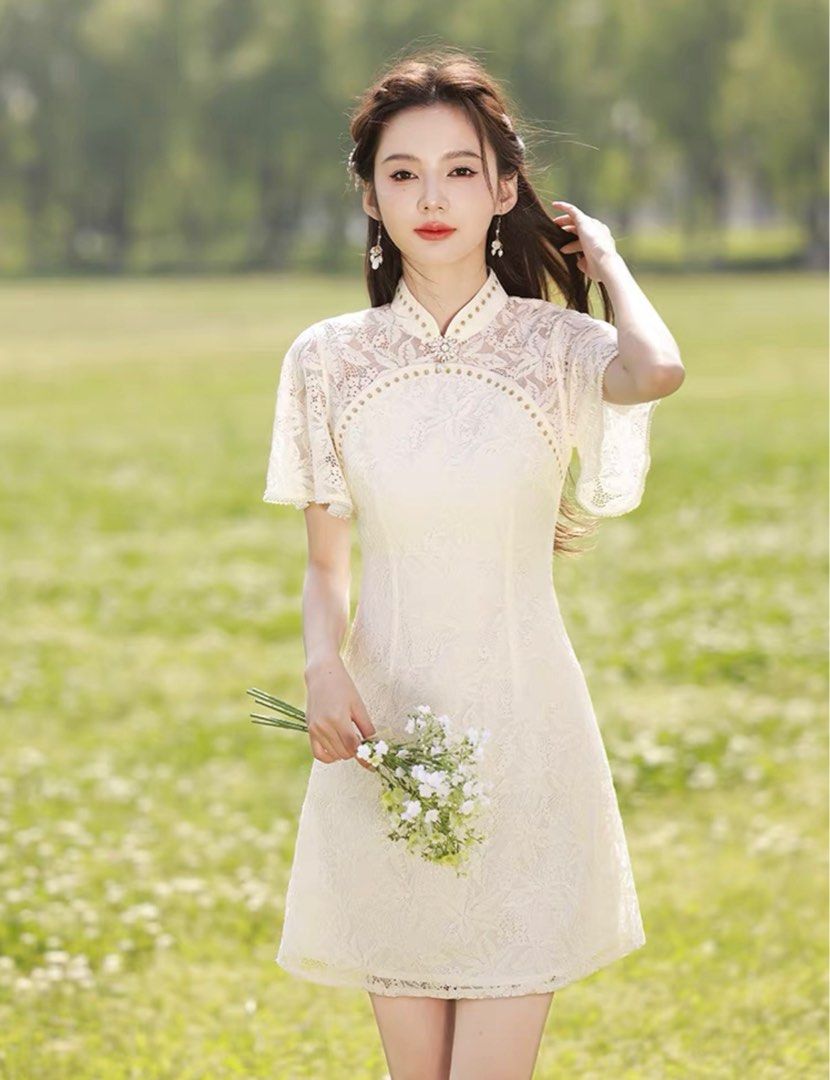 White Lace Cheong Sam Women s Fashion Dresses Sets Dresses on Carousell