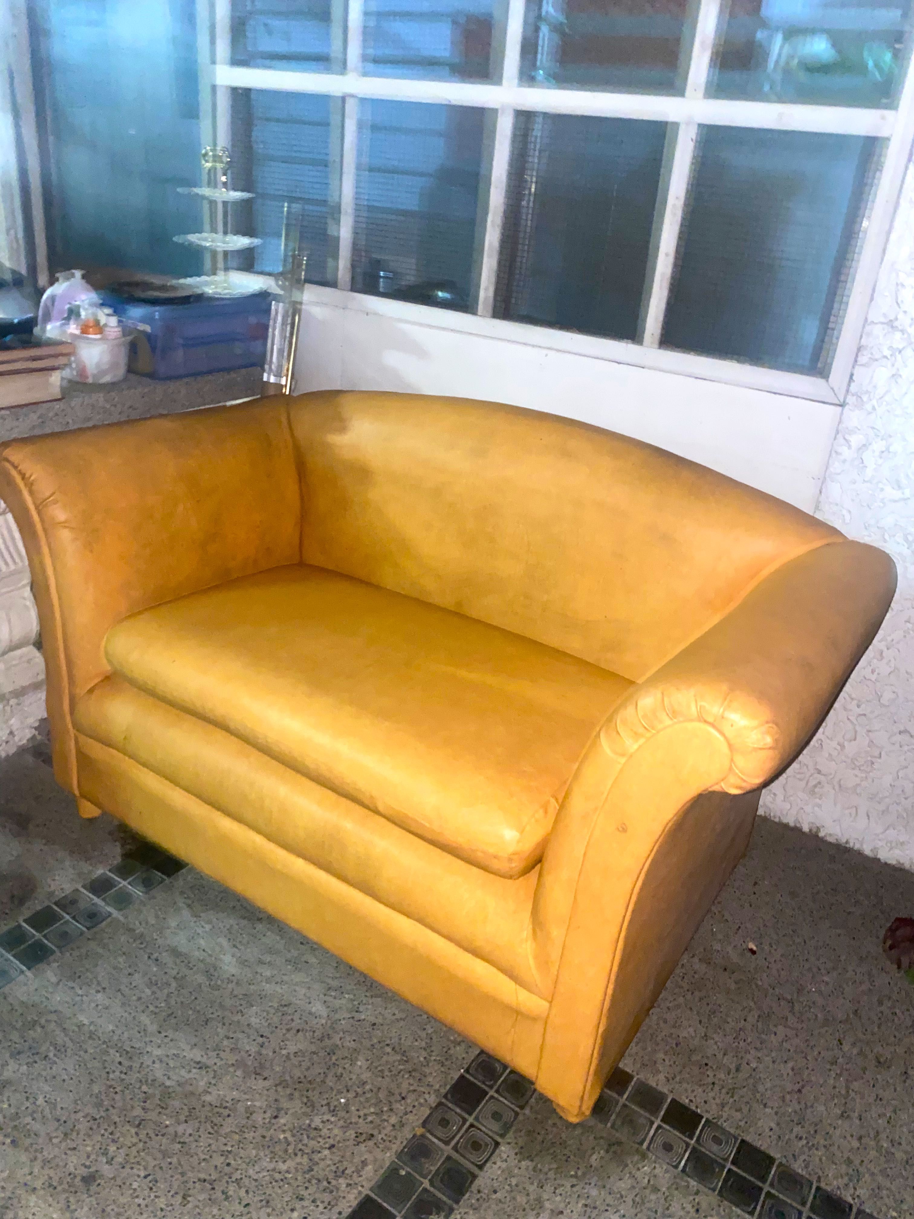 Yellow leather couch sofa (Category: Sofas) located in Mandaluyong City. Submitted by dobypreloved (Listing ID 1284914858, Image 1). Description: .