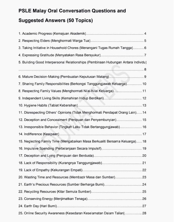 2024 PSLE Bahasa Melayu Panduan Perbincangan Ujian Lisan (50 Topik ...
